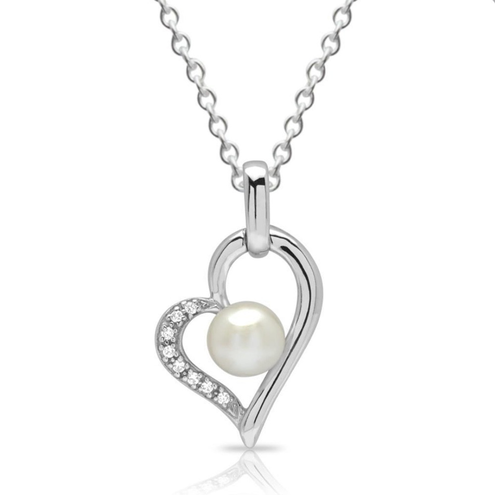 ZALES Sterling Silver Pearl & White Sapphire Necklace w/ Heart